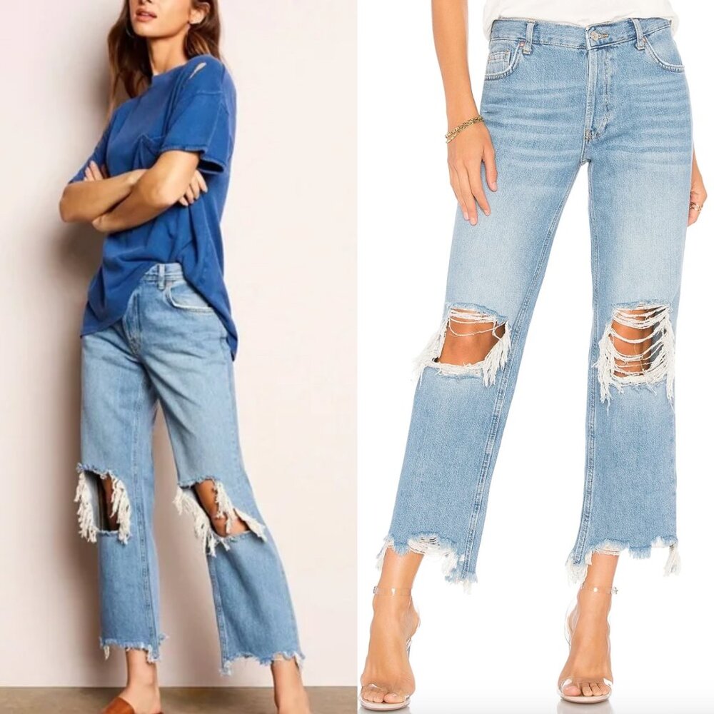 Free People Light Blue Distressed Straight Leg Jeans